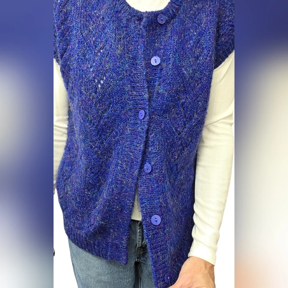 Vintage 70s Metallic Knit Sweater Vest Cardigan Blue M